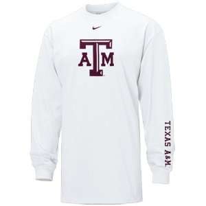 Nike Texas A&M Aggies White Classic Logo Long Sleeve T shirt:  