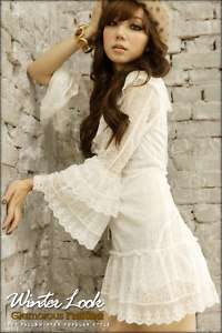 Garden Girl Lotus Lace White Dress Long Trendy Top HR14  