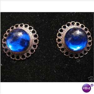  Round Antique Like Silver with Blue Crystal Earrings 
