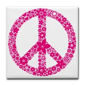  Tile Coaster (Set 4) Flowered Peace Symbol Pnk: Everything 