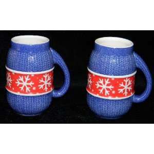  Set of 2 Mugs Cups Blue Knit With Snowflakes Mittens 
