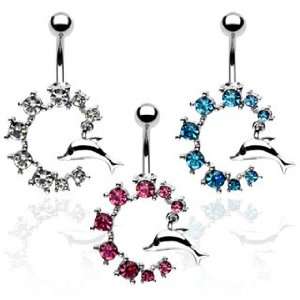 Clear Gem Paved Semi Circle Belly Ring with Dolphin   14G   3/8 Bar 