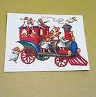 C575  Vintage Brownie Xmas Greeting Card Angels Riding On Red Train 