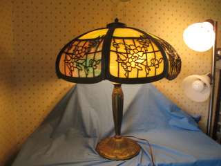 Antique Cast Iron Lamp with 16 Panel Slag Glass Lamp Shade Nice  