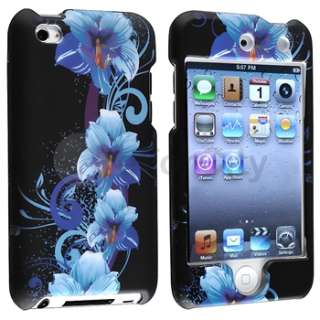 Blue Flower Rubber Hard Case Cover+Privacy Protector For iPod Touch 