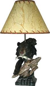 Bear Lamp, Rustic Lighting, Fish Log Detail, Laced Shade, 40W, Log 
