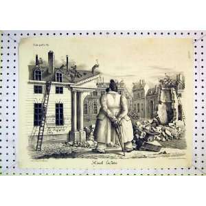  French Antique Print Man Working Roof Ruins Building: Home 