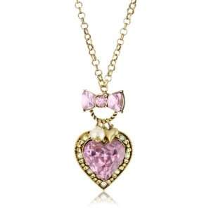 Betsey Johnson Iconic Pink Crystal Heart Long Necklace