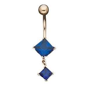 Princess with Drop 14 karat Gold belly button ring with Sapphire Blue 