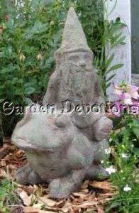 Heavy GARDEN GNOME RIDING FROG Outdoor Statue STONE  