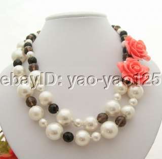 Charming ! 2Strds Shell Pearl&Onyx&Smoky Quartz&Coral Flower Necklace
