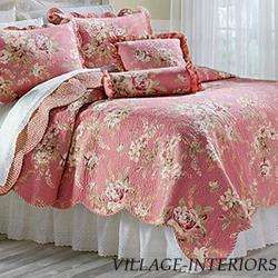 FRENCH COUNTRY CORAL ROSE F/QUEEN COTTON QUILT + SHAMS SET *  