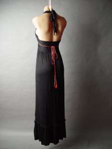 Black Ethnic Embroidered Bib Front Halter Braided Tie Empire Long Maxi 