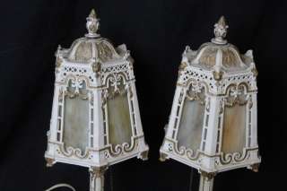   ITALIAN RENAISSANCE CAST METAL CARAMEL SLAG GLASS BOUDOIR LAMPS  