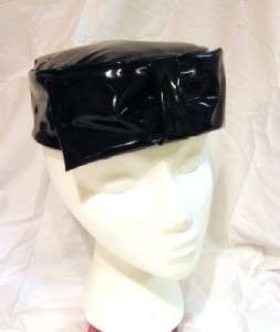 Black Vinyl / Plastic Patent Leather Bow Pill Box Hat Retro Mod  