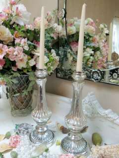   Shabby Silver Antiqued Mercury Glass Taper Candlestick Holders  