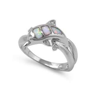 Sterling Silver Ring in Lab Opal   Dolphin   Ring Face Height 11mm 