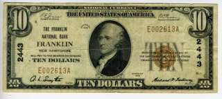 1929 $10 DOLLAR NATIONAL CURRENCY NEW HAMPSHIRE NOTE  