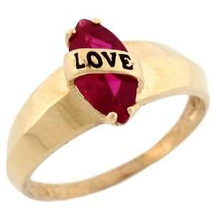 10k Gold Enamel Love Marquise Synthetic Ruby July Birthstone Ring
