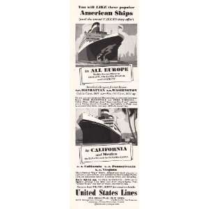  Print Ad 1937 United States Lines American Ships United 