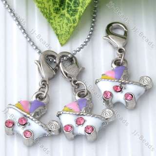 20pc Enamel Crystal Baby Carriage Clip On Charm Pendant  