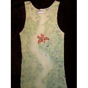  Womans Crystal Red Flower Green Tank Top 