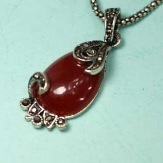 d4013 Unique Red Oval Tibet Silver Womens Gemstone Pendant Necklace 