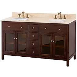   Espresso 60 inch White Marble Top Double Sink Vanity  