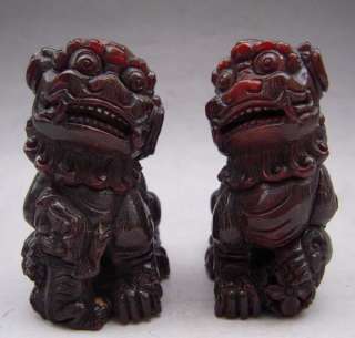 Pair Tibet Tibetan Yak Horn Carved Guardian Foo Fu Dog Statue  