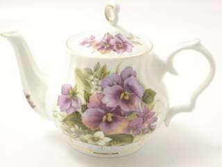 Fine Quality Bone China Tea Set, Purple Pansy Bouquets on pure white 