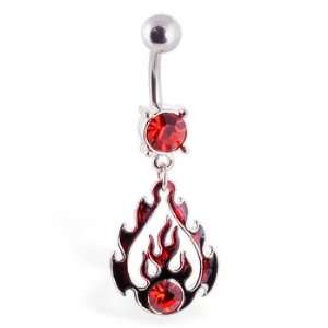  Belly ring with dangling flame teardrop and gem: Jewelry