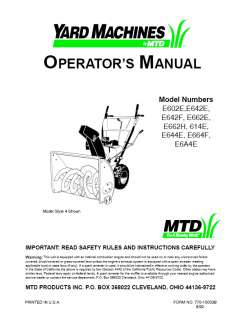 Yard Machines MTD Snow Blower Thrower Owners Manual  