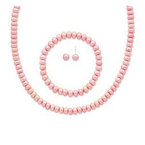   Pink Pearl Necklace, Stretch Pink Pearl Bracelet & Pearl Earrings