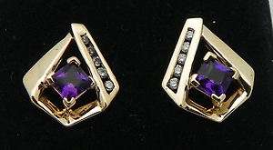 AMETHYST & DIAMOND ACCENT EARRINGS SOLID 14K GOLD, 2.2g  