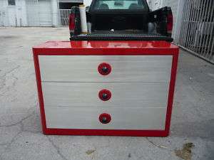 LONG RED LACQUER ART DECO CHEST W SILVER LEAF DRAWERS  
