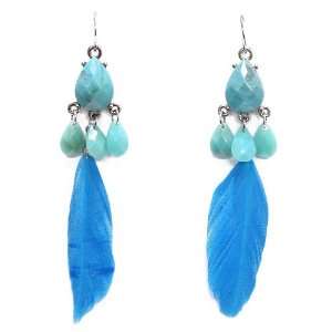  Fashion Feather Earrings; 3L; Silver Metal; Blue Feathers 