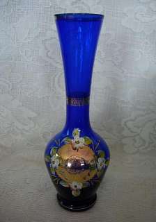 Cobalt Blue Blown Glass Vase   Hand Painted Daisies  