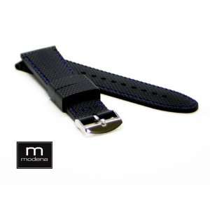 22MM Black MODENA Italian Rubber Watch Band with Blue stitching 