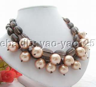 Charming 2Strds Smoky Quartz&16mm Shell Pearl Necklace