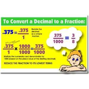  Math Converting a Decimal to a Fraction, Classroom Poster 