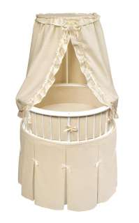 White Wood Round Baby Bassinet w/ Ecru Bedding Crib  