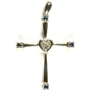 White Gold Cross Valentine Pendant with Sapphire and Diamonds (Four 