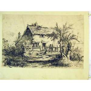   Antique Sketch Country House Trees People Grass Fence