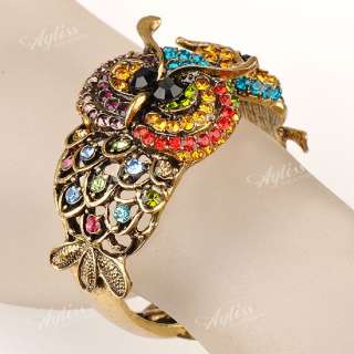   Colorful Crystal Owl Bead Hinged Bronze Bracelet Bangle Gift  