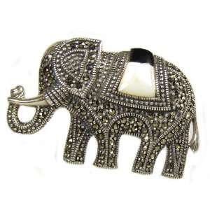   925 Sterling Thai Marcasite Elephant Mop and Onyx Pin Pendant Jewelry