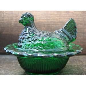   Green Glass Hen on Nest Chick Salt Covered Dish: Everything Else