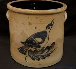 Antique Decorated Stoneware Fulper Bird Crock 19th cent  