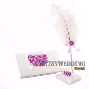   Guest Book and Feather Pen Set, White and Purple