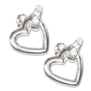   Silver Open Heart Post Earrings with Cubic Zirconia Band. Jewelry