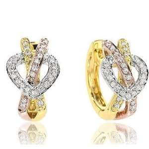   40 Carat Diamond Pave Three Tone Heart Knot Huggie Earrings Jewelry